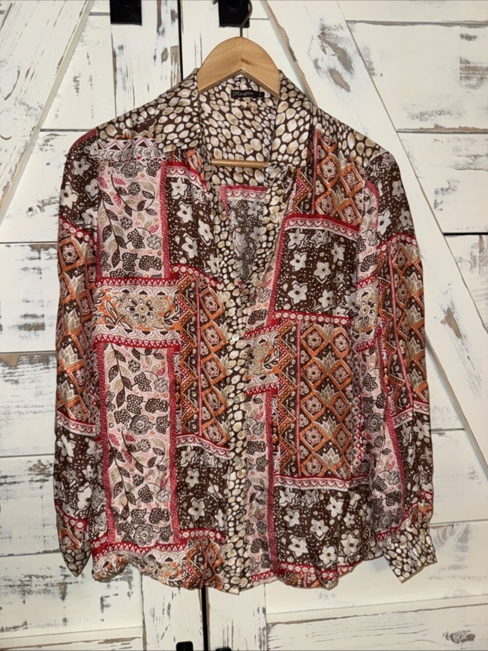 J. McLaughlin Womens S Silk Blend Button Down Shirt Patchwork Box Floral Print
